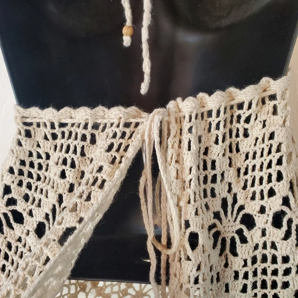 Lilu Y2K Crochet Tank Top Ivory Back Tie Romantic Sexy Bohemian Size Medium